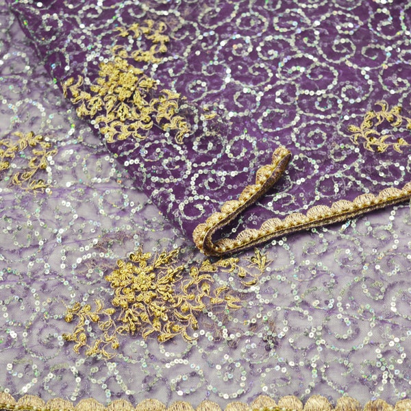 FREE SHIPPING Indian Vintage Heavy Purple Dupatta Net Mesh Long Stole Hand Embroidered Scarves Zardozi/ Dabka Zari Sequins Stole