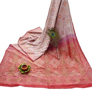 Indian Vintage Sari Peach & Cream 100% Pure Silk Hand Woven Sarees Craft Fabric 5Yd Ethnic Sewing Dress making Crafting Quilting Upcycle