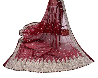 Dupatta nupcial india vintage pesada color granate, estola larga de seda georgette pura, bufanda bordada a mano, Zardozi/Dabka, velo hiyab rojo para boda, estilo bohemio