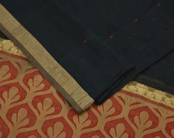 Indian Vintage Dupatta Black Long Stole Printed Woven Pure Chanderi Silk Indian Scarves Veil Golden Zari Soft Fringes