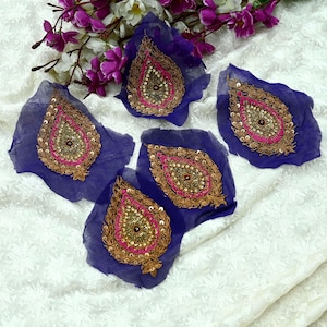 Indian Vintage Purple Pure Georgette Silk Appliques  Set of 5 | Hand-Embroidered Floral Patches with Zardozi, Dabka ,for Craft, Journals