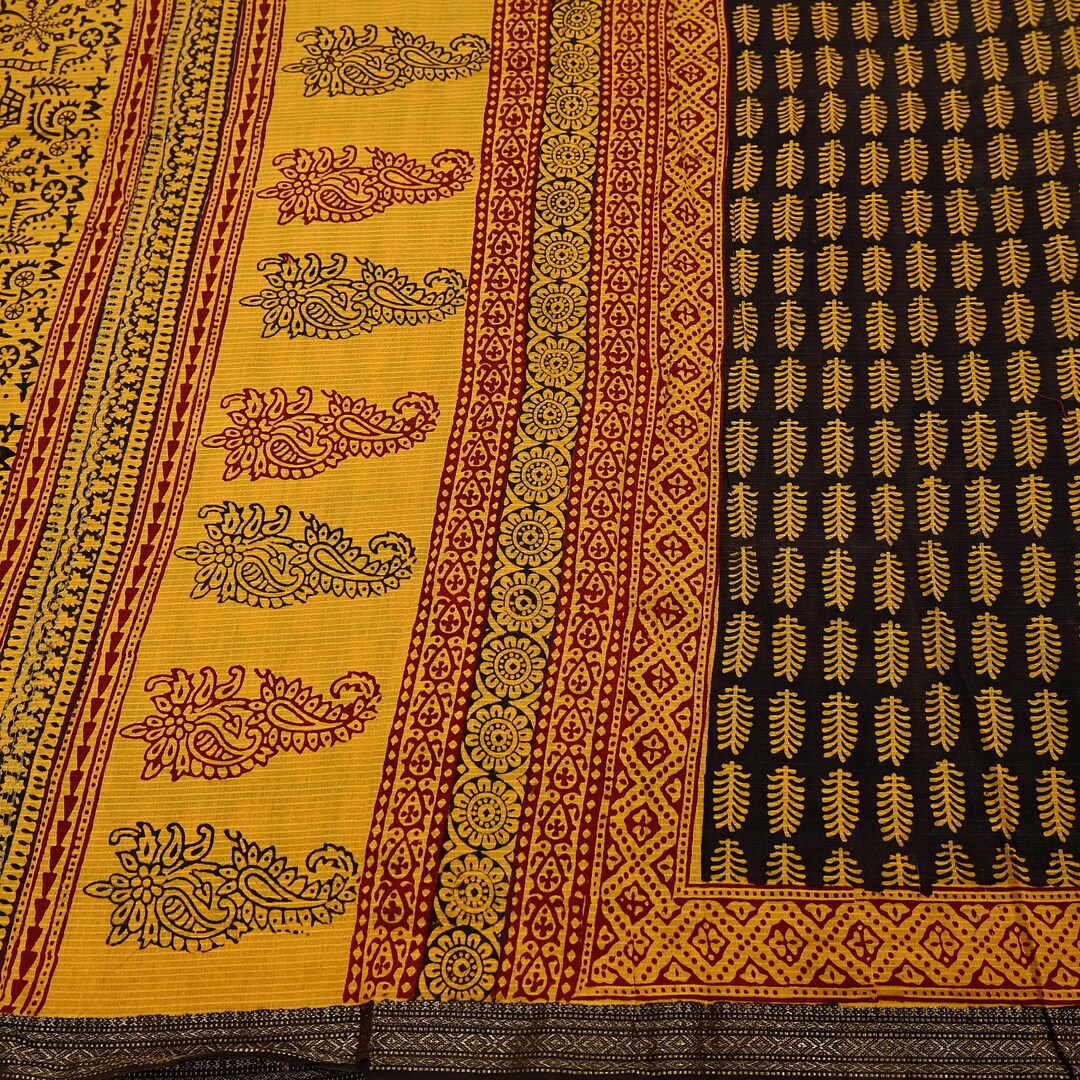 Indian Vintage Brown Block Printed Pure Chanderi Silk Saree Floral ...
