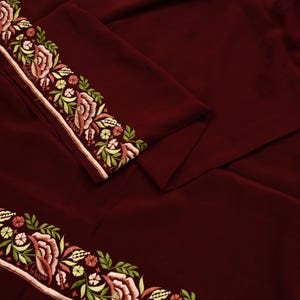 Indian Vintage Maroon Dupatta Long Stole Pure Crepe Silk Hand Embroidered Scarves Veil Scarf Wrap Hippie Boho