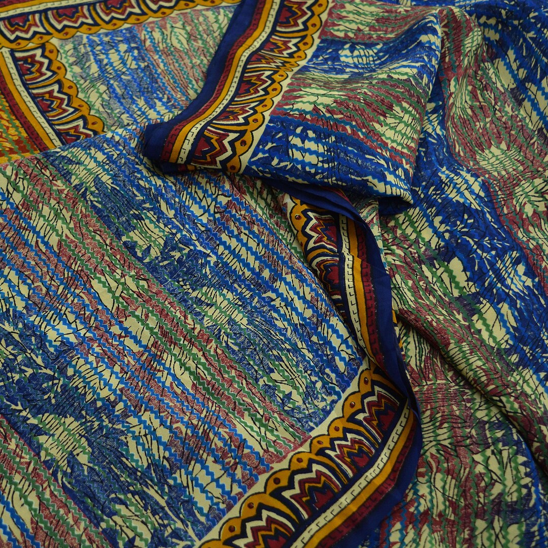 Indian Vintage Sari Blue & Black Pure Crepe Silk Hand Embroidered Saree 5yd Sewing Floral Craft Sequins Dress making Crafting Quilting main image 1