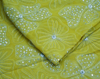 FREE SHIPPING Indian Vintage Yellow Saree Hand Embroidered Pure Georgette Silk Indian Sari Craft Fabric 5Yd Sequins Ethnic