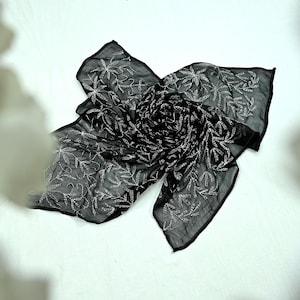 Indian Vintage Dupatta Black Long Stole Hand Embroidered kantha stole Blend Cotton Scarves Veil Wrap Soft Floral