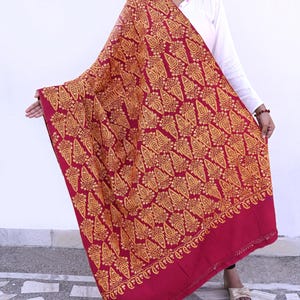 Vintage Maroon Pure Woolen Shawl Hand Embroidered Long Throw Stole Warm Stole Floral Design