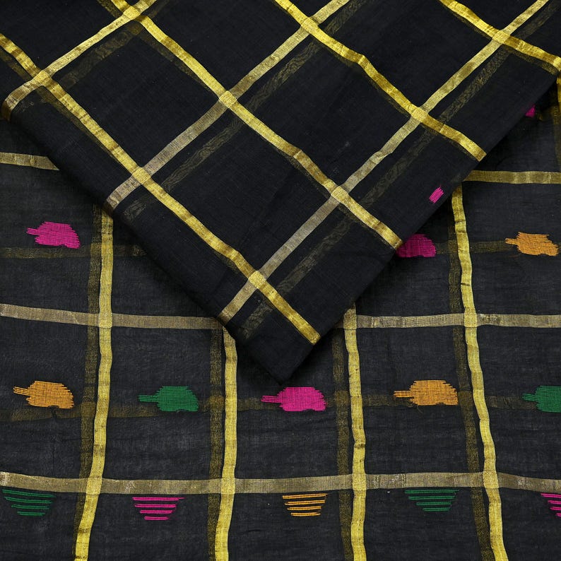 Tela para saris vintage indios, negra, de algodón puro, tejida a mano, 5 yardas, con estampado floral étnico, ideal para manualidades, reciclaje, acolchado y confección de vestidos. imagen 14