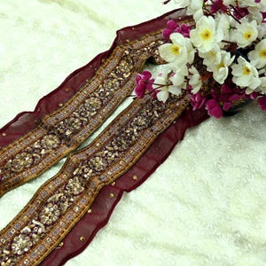 Indian Vintage Maroon Saree Border Hand Embroidered Craft Trim Lace Sewing Pure Georgette Silk Ribbon Recycled Sequins
