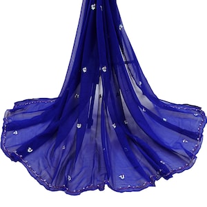 Indian Vintage Blue Dupatta Pure Georgette silk Long Stole Hand Embroidered Scarves Stole Veil Wrap Sequins