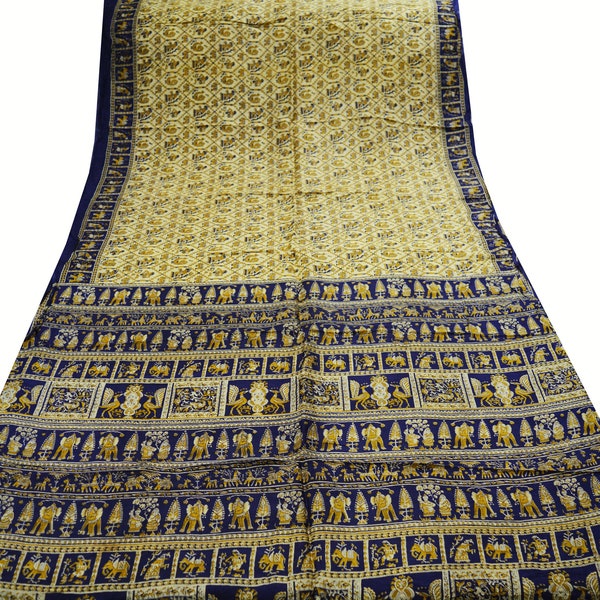 FREE SHIPPING Indian Vintage Saree Blue & Ivory Printed Sari Pure Silk Indian Sari Fabric 5Yard Floral Soft Elephant