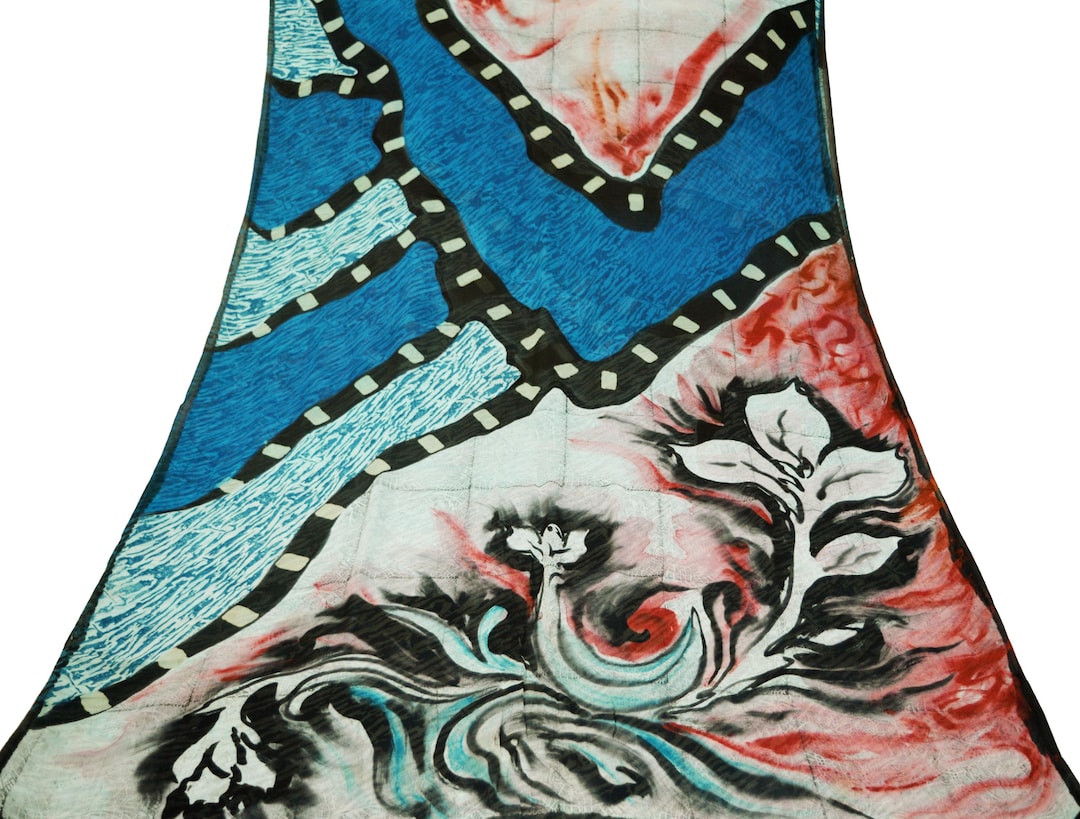 Women Vintage Sari Beige & Black Pure Chiffon Silk Printed Saree Craft Fabric Sewing 5Yard Soft Light Sari Dress Making