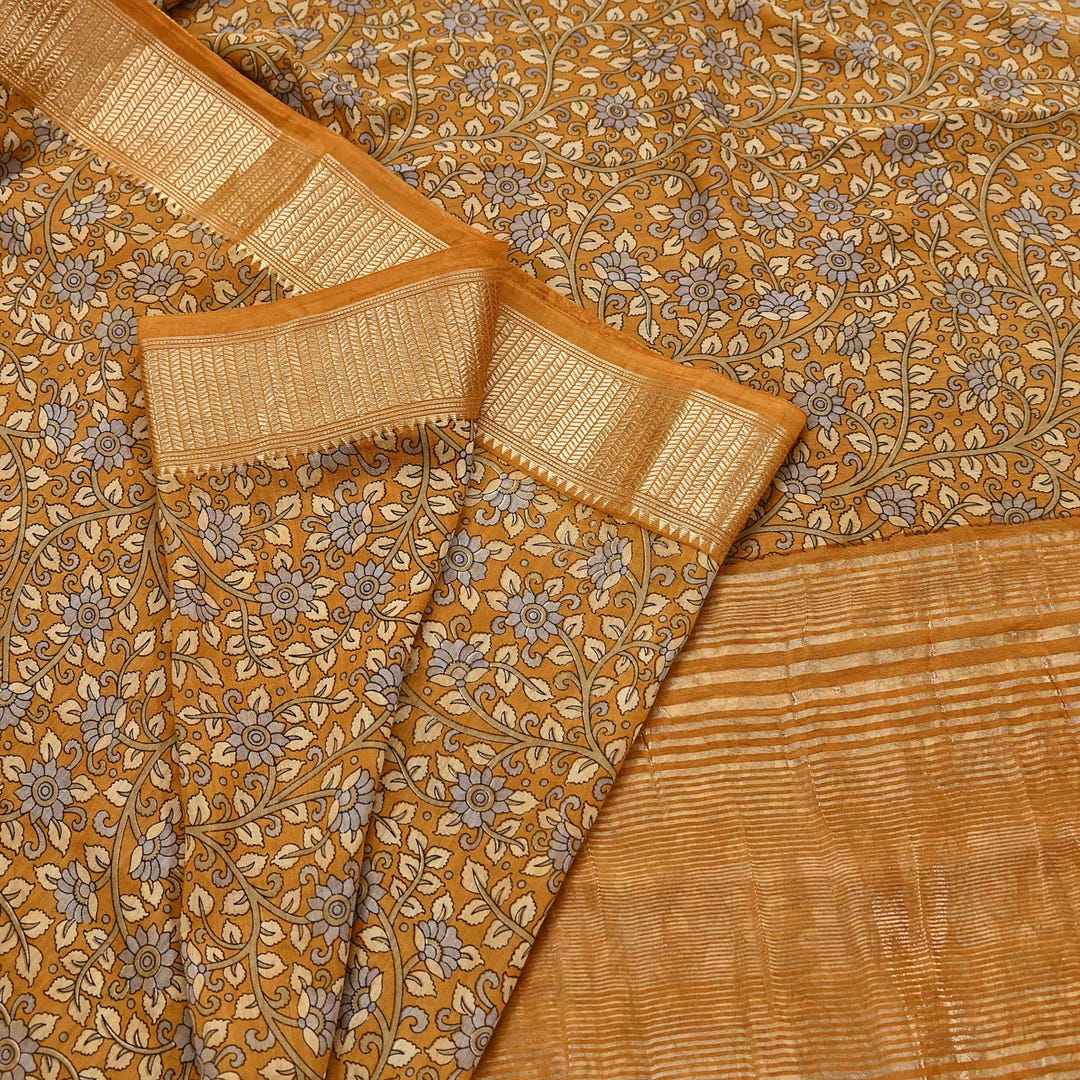 Indian Vintage Mustard Saree Block Printed Sari Chanderi Silk Sari ...