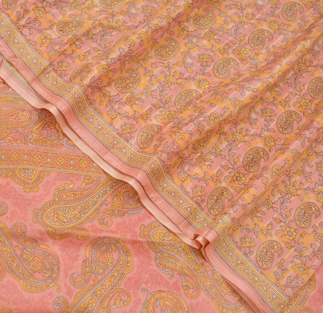 Indian Vintage Saree Blue Pure Silk Printed Sari 5yd Craft Fabric Sewing Floral Soft Wrap Sarong Quilting Used Dress making Quilting Upcycle main image 1