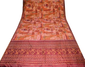 FREE SHIPPING Indian Vintage Orange & Maroon Saree Pure Silk Printed Indian Sari Fabric 5yard Sewing Craft DressMaking  Soft Floral Decor