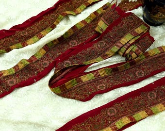 Indian Vintage Maroon Sari Border Hand Embroidered Indian Craft Trim Lace Sewing Sari Ribbon Recycled Sari Border Zardozi Dabka Zari Decor