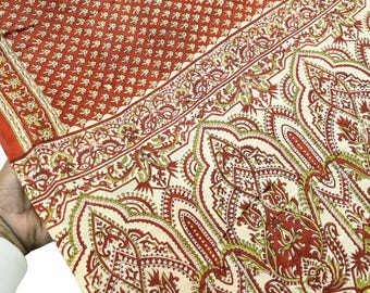 Indian Vintage Sari Orange & Ivory Pure Silk Printed Sarees Craft Fabric 5yd Sewing Dress Designing for Crafting Paisley Quilting Upcycle