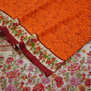 Vintage Sari Orange 100% Pure Silk Printed Saree Fabric 5yard Sewing Paisley Soft Dress Designing for Crafting ,Decor