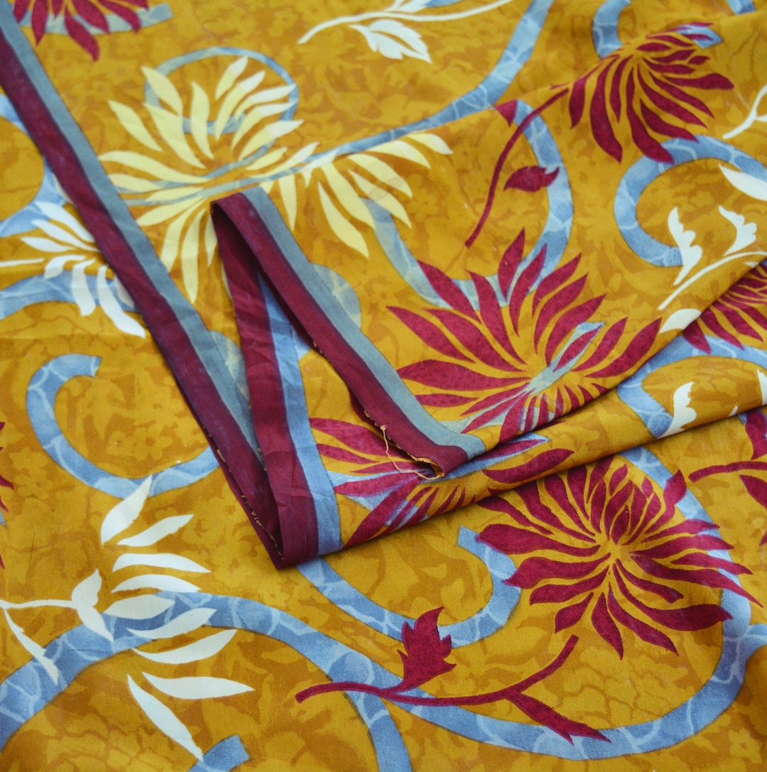 Indian Vintage Sari Green & Pink Pure Crepe Silk Printed Saree 5yard Sewing Floral Soft Craft Fabric Wrap