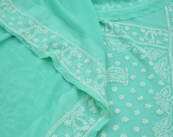 Indian Vintage Sari Green Georgette Handmade Chikankari Sarees Craft Fabric 5Yd Ethnic Floral Dress making Bollywood sari Crafting