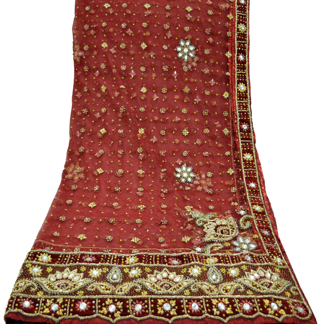 Indian Vintage Heavy Coffee Brown Dupatta Net Mesh Long Stole Hand Embroidered Scarf Zardozi Zari Sequins Stole Bridal Veil main image 0