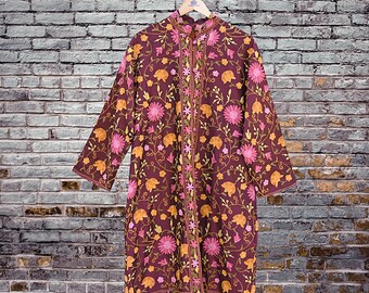 Indian Vintage Wine Embroidered Kashmiri Coat, Aari Embroidery, Raw Silk Coat, Boho Jacket For Both Women/Men Indian Coat