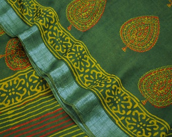 FREE SHIPPING Indian Vintage Green Saree Printed Blend Cotton Indian Sari Craft Soft Fabric 5Yard Sewing Sarong Wrap Boho Floral