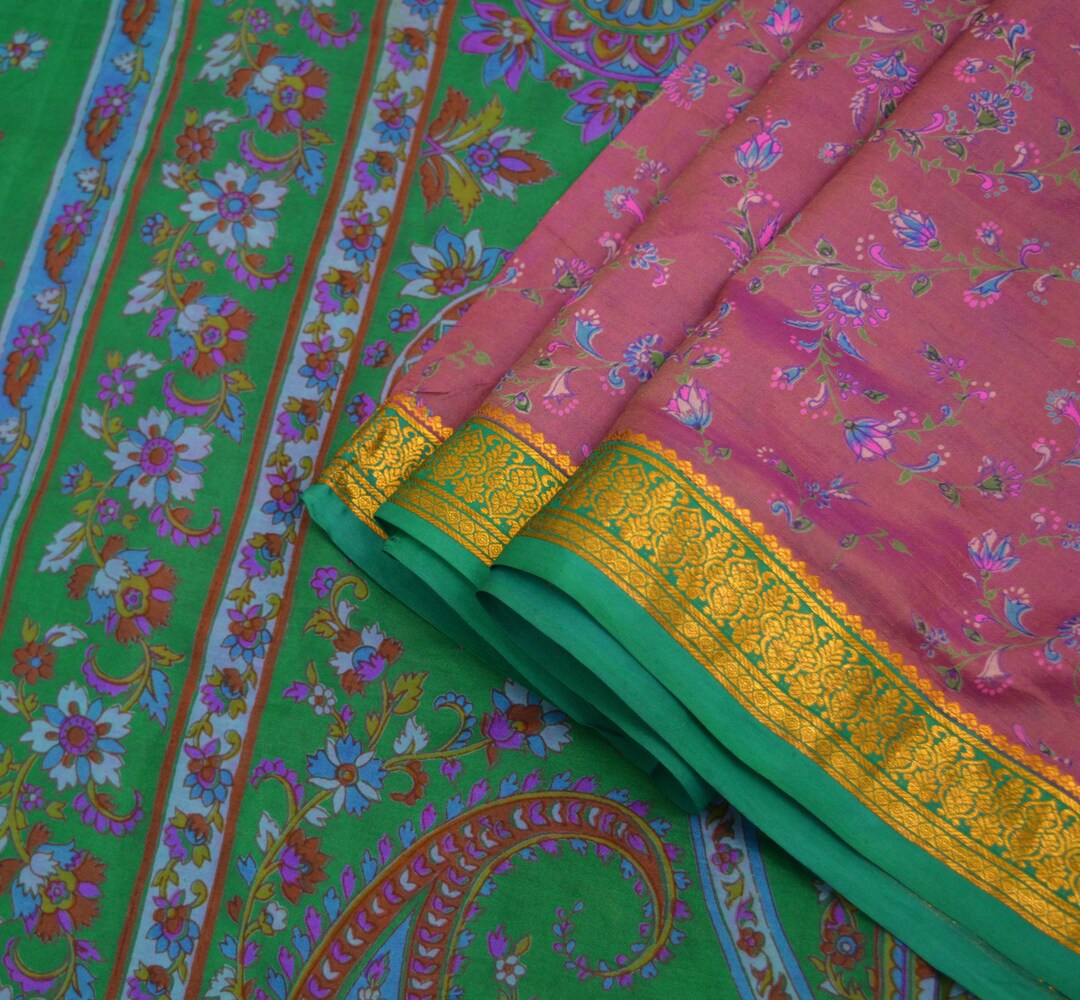 Indian Vintage Sari Ivory & Purple Pure Crepe Silk Printed Sarees Craft Fabric 5yd Sewing Floral Soft Wrap Dress making Upcycle Quilting main image 0