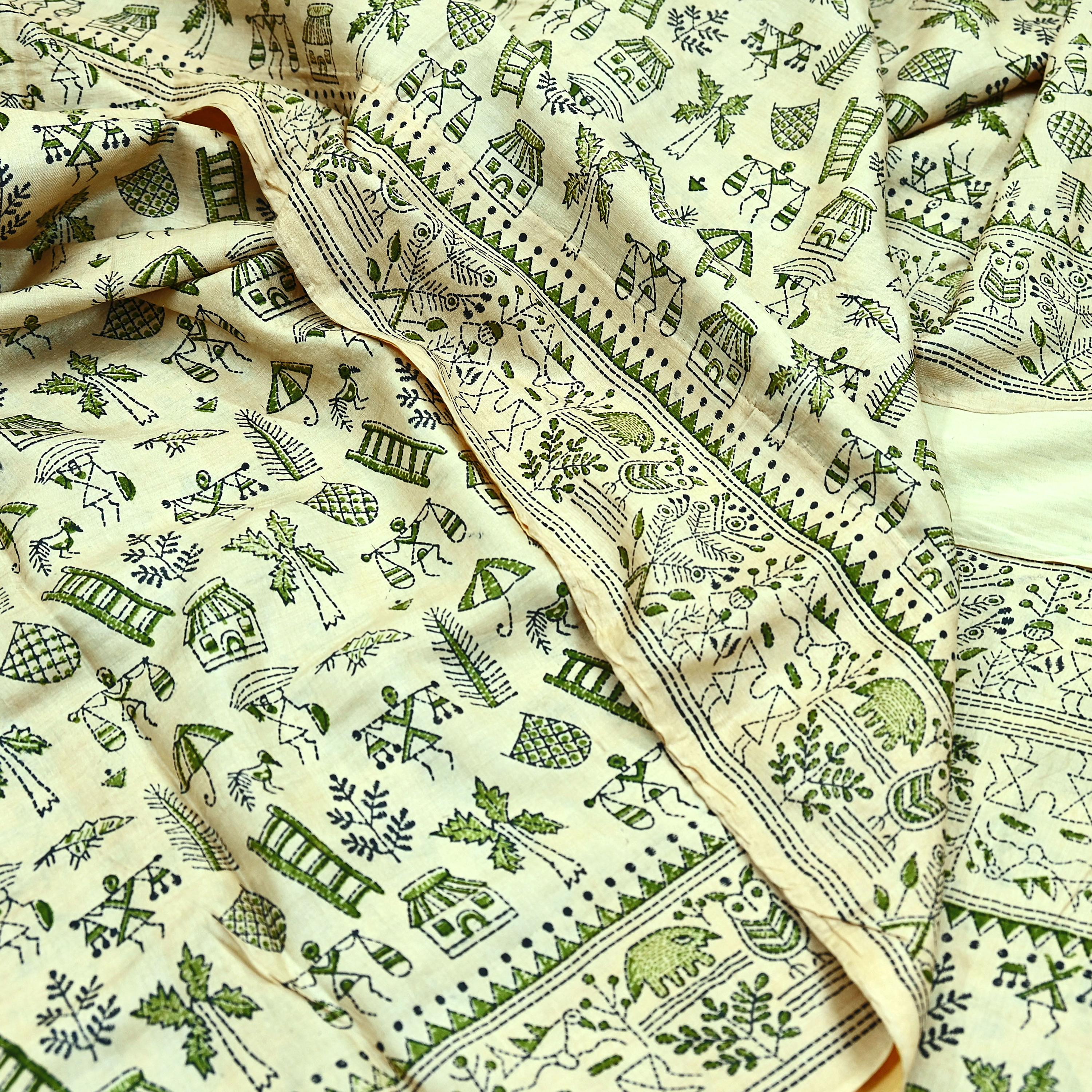 Tessuto sari indiano vintage color avorio, in pura seta Khadi