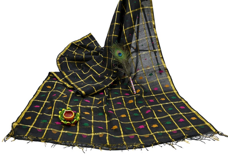 Tela para saris vintage indios, negra, de algodón puro, tejida a mano, 5 yardas, con estampado floral étnico, ideal para manualidades, reciclaje, acolchado y confección de vestidos. imagen 16