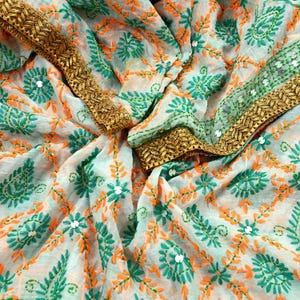 Indian Vintage Dupatta White Long Stole Chanderi Hand Embroidered Bagh Phulkari Stole Scarves Party wear