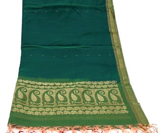 Indian Vintage Dupatta Green Long Stole Printed Woven Pure Chanderi Silk Indian Scarves Veil Golden Zari Soft Fringes