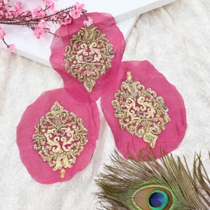 Indian Vintage Pink Pure Georgette Silk Appliques Set of 3 Hand-Embroidered Floral Patches with Zardozi, Dabka, for Craft, Journals 6x4"