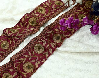 Indian Vintage Maroon Border Hand Embroidered Craft Trim 1yd Lace Sewing Sari Ribbon Pure silk  Zari Decor