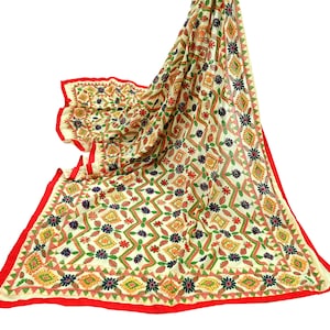 Indian Vintage Dupatta Ivory Long Stole Georgette Hand Embroidered Bagh Phulkari Stole Scarves Party wear