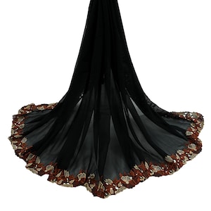 Indian Vintage Dupatta Black Pure Georgette silk Long Stole Embroidered Scarves Stole Veil Wrap Boho