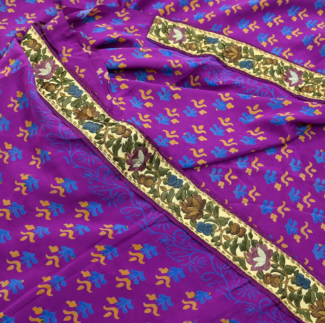 Indian Vintage Sari Blue & Black Pure Crepe Silk Hand Embroidered Saree 5yd Sewing Floral Craft Sequins Dress making Crafting Quilting