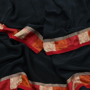Indian Vintage Black Dupatta Long Stole Pure Crepe Silk Embroidered Indian Scarves Veil Scarf Wrap Hippie Boho