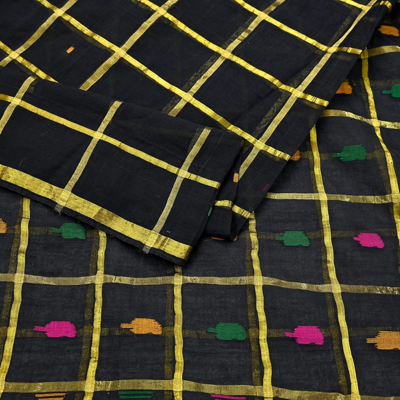 Tela para saris vintage indios, negra, de algodón puro, tejida a mano, 5 yardas, con estampado floral étnico, ideal para manualidades, reciclaje, acolchado y confección de vestidos. imagen 13