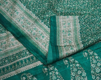 Indian Vintage Green Saree Pure Silk Printed Indian Sari Craft Fabric 6yd Sewing DressMaking  Soft Floral Design