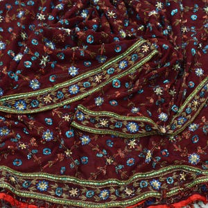 Indian Vintage Heavy Bridal Maroon Dupatta Pure Georgette Silk Long Stole Hand Embroidered Scarf Zardozi/Dabka Wedding red Hijab veil Boho