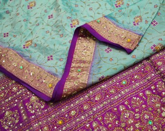 FREE SHIPPING Indian Vintage Heavy Saree Green & Purple Hand Beaded Kanjivaram 100% Pure Silk Indian Sari Fabric 5Yard Ethnic Zari Zardozi