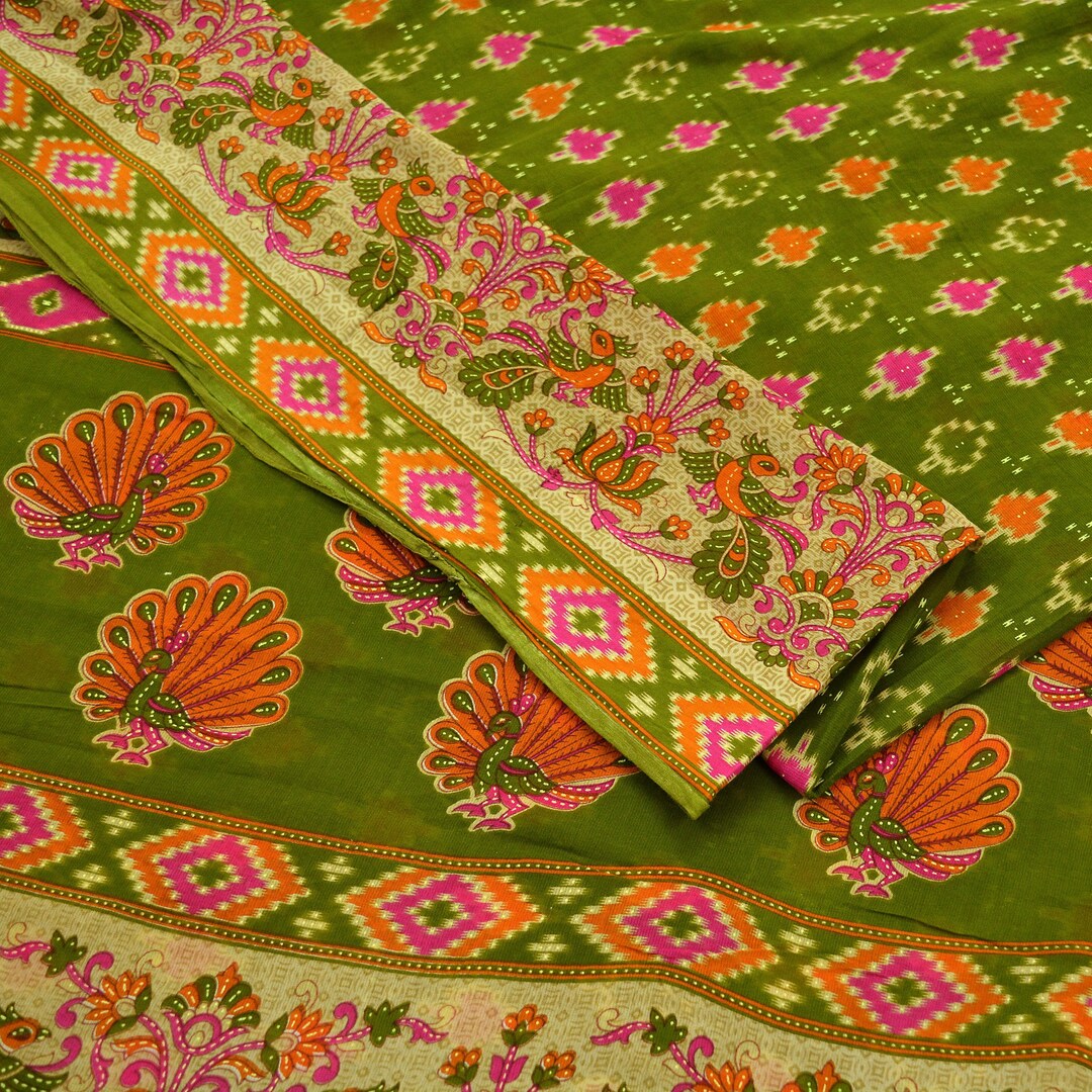 Indian Vintage Sari Yellow & Pink Printed Pure Cotton Sarees Craft Fabric 5Yd Soft Sewing Sarong Wrap Boho Floral Quilting Dress making