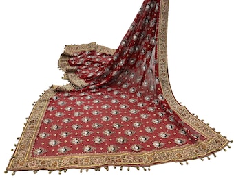 Dupatta india vintage roja pesada, estola larga de seda georgette pura, bufanda bordada a mano con lentejuelas Zari, velo de novia/boda Dupatta