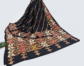 Indian Vintage Black Saree 100% Pure Silk Hand Embroidered Kantha Sari Fabric 5Yd Sewing Floral Sequin