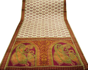 FREE SHIPPING Indian Vintage Red & Beige Saree 100% Pure Silk Printed Indian Sari Fabric 5yard Sewing Craft DressMaking  Soft Paisley