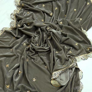 Indian Vintage Heavy Gray Dupatta Velvet Long Stole Hand Embroidered Scarves Golden Zardozi Zari Sequins Stole Mirror