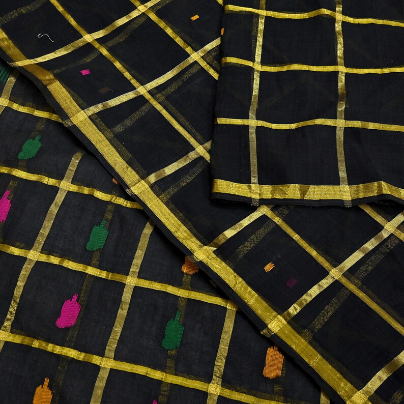 Tela para saris vintage indios, negra, de algodón puro, tejida a mano, 5 yardas, con estampado floral étnico, ideal para manualidades, reciclaje, acolchado y confección de vestidos. imagen 6