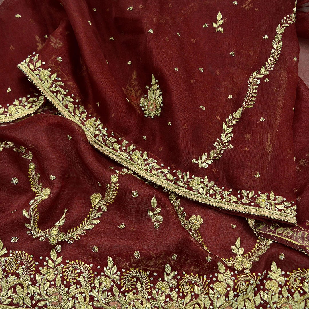 Indian Vintage Heavy Coffee Brown Dupatta Net Mesh Long Stole Hand Embroidered Scarf Zardozi Zari Sequins Stole Bridal Veil
