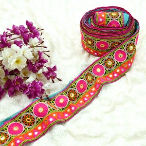 Indian Vintage Multi Sari Border Hand Embroidered 1yd Kutch Craft Trim Lace Sewing Georgette Ribbon Recycled Zari Decor Mirror